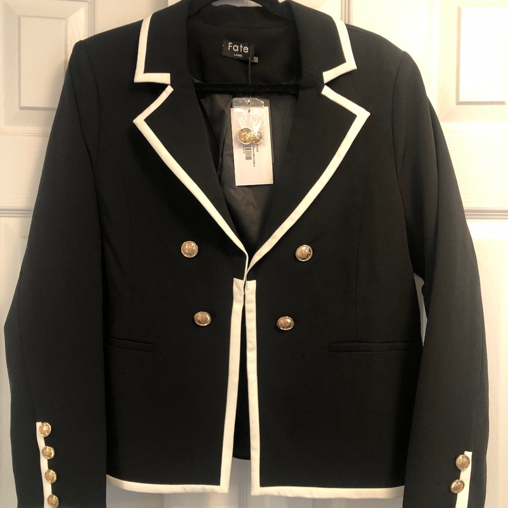 Fate Black Blazer with White Trim and Gold Buttons